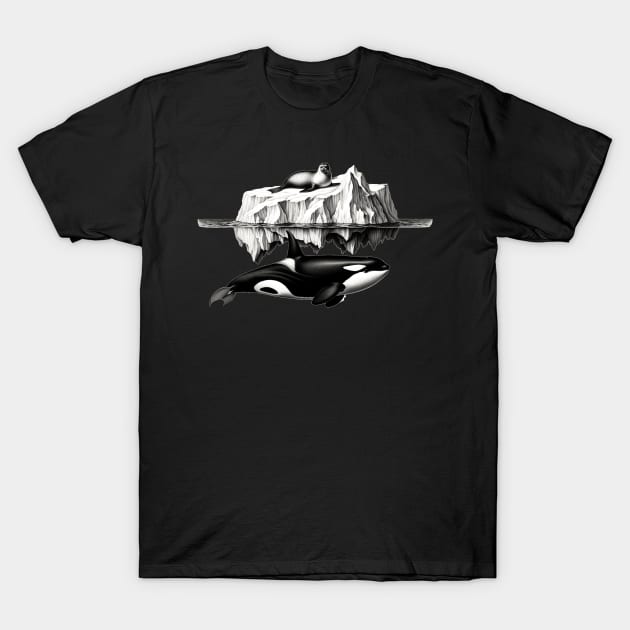 Icy Pursuit: Orca and Seal in Nature's Dance T-Shirt by encyclo